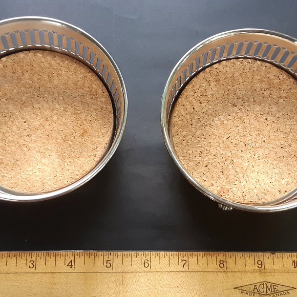 VTG Silverplate Footed Wine Bottle Coaster Holders Set of 2 Pierced Cork Insert - Picture 10 of 10